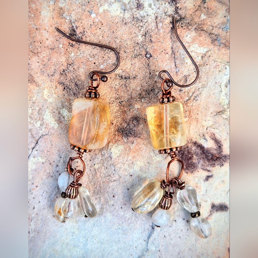 Ancient Incan Designed Natural Tassled Citrine In Antique Copper Earrings